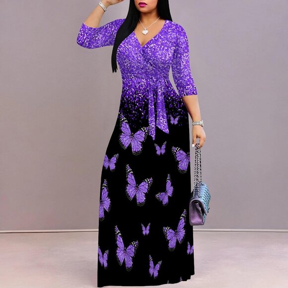 Plus Size Maxi Dress Women Flowy Polyester With Belt V Neck Elegant - Picture 5 of 7